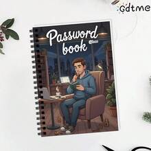 GDTME 1本密码本，双面印刷，双螺旋装订。封面设计描绘了一位男士在舒适的家庭办公室环境中阅读书籍，背景元素包括咖啡、笔记本电脑和绿植，以及“密码本”字样。专为都市居民设计。文具、日记本、笔记本、办公用品。 - ZJ-362男青年密碼記事本(A5) - 查看 7