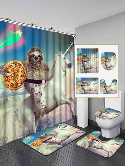 Magical Universe Shower Curtain Set - A Dreamy Scene Of Sloth & Unicorn Holding Pizza, Includes Shower Curtain, Bath Mat, Toilet Lid Cover And Non-Slip Bathroom Mat, Bringing Humor And Fantasy To The Bathroom