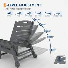 Sillones reclinables de HDPE, resistentes y resistentes, para exteriores, con 5 posiciones ajustables y portavasos, para piscina, jardín y patio. - Gris con ruedas - Ver 6