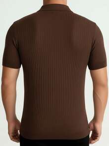 Men's Summer Knit Polo Shirt, Solid Color Short Sleeve Knitted Collar, Suitable For Summer Outings, Essential For Fashionable Outfit - Brown - View 4