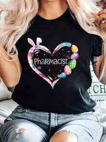 Plus Size, Women's Easter Pharmacist Heart Applique T-Shirt - Casual Crew Neck, Short Sleeve, 100 Fabric, Colorful Alphabet And Graphic Design, Lightweight Summer Top, Spring Fashion Top Themed Casualwe - Black - View 1