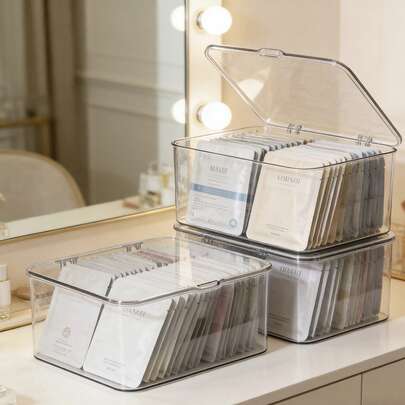 1pc Thick Capacity Flip-Top Transparent Dust-Proof Makeup Face Mask Storage Box, Minimalist Large Capacity Desk Organizer, Vanity Organizer, Dorm Organizer, Miscellaneous Organizer, Cosmetic Organizer, Cotton Pad Organizer, Minimalist Organizer, Home Organizer, Plastic Organizer, Transparent Dust-Proof Box, Desktop Organizer, Skincare Organizer, Cosmetic Organizer