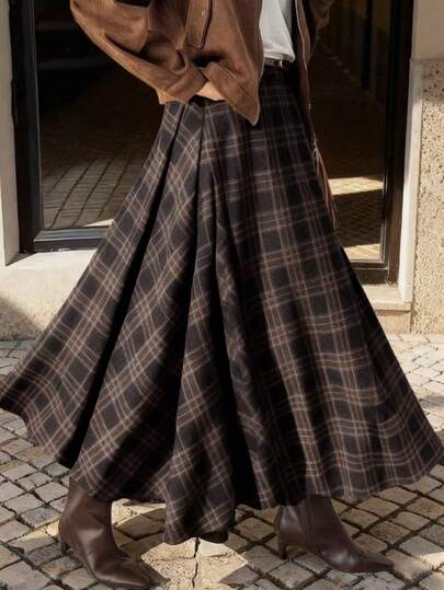 EARO Chic Plus Size Plaid A-Line Skirt, High Waist Loose Flattering Design, Elegant & Versatile For Spring/Summer Casual & Date Wear