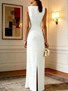 优雅无袖修身长款连衣裙，女士时尚露肩面料，休闲正式场合皆宜，带拉链细节 - 白色 - 查看 2