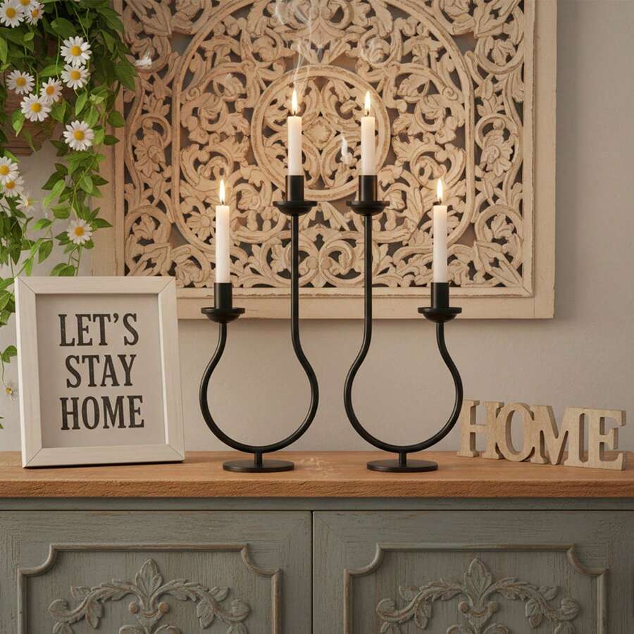 1pc Elegant Arched Dual-Head Gold/Black Candle Holder, Suitable For Dining Table Centerpiece, Festivals, Weddings, Housewarming - High and Low Candlesticks - View 1