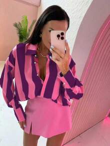 Women's Polyester Collared Shirt, Button Front, Striking Striped Pattern, Long Sleeve, Regular Length Wedding Spring Party - Purple - View 2