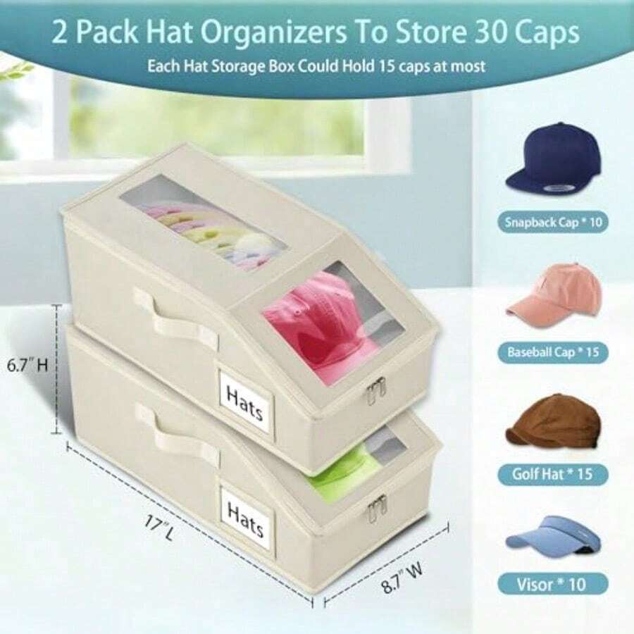 Almacenamiento apilable para gorras de béisbol 2 piezas cajas de almacenamiento de sombreros para clóset con capacidad para hasta 30 gorras con cartón organizador de sombreros para mujeres y-0002 - Beis - Ver 1
