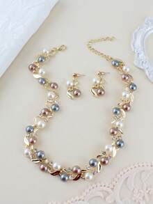 3pcs Women's Diamond Rhinestone Jewelry Set, Necklace & Earrings, Gold Plated, Suitable For Party, Wedding, Gift For Girlfriend, Mom - Colorful - View 4