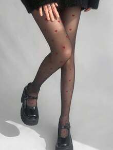 3 Pairs Women's Red & Black Heart Pattern Ultra-Thin Skin-Friendly High Elasticity Fashionable Sweet Pantyhose, Suitable For Valentine's Day, Casual, Party - Black - View 3