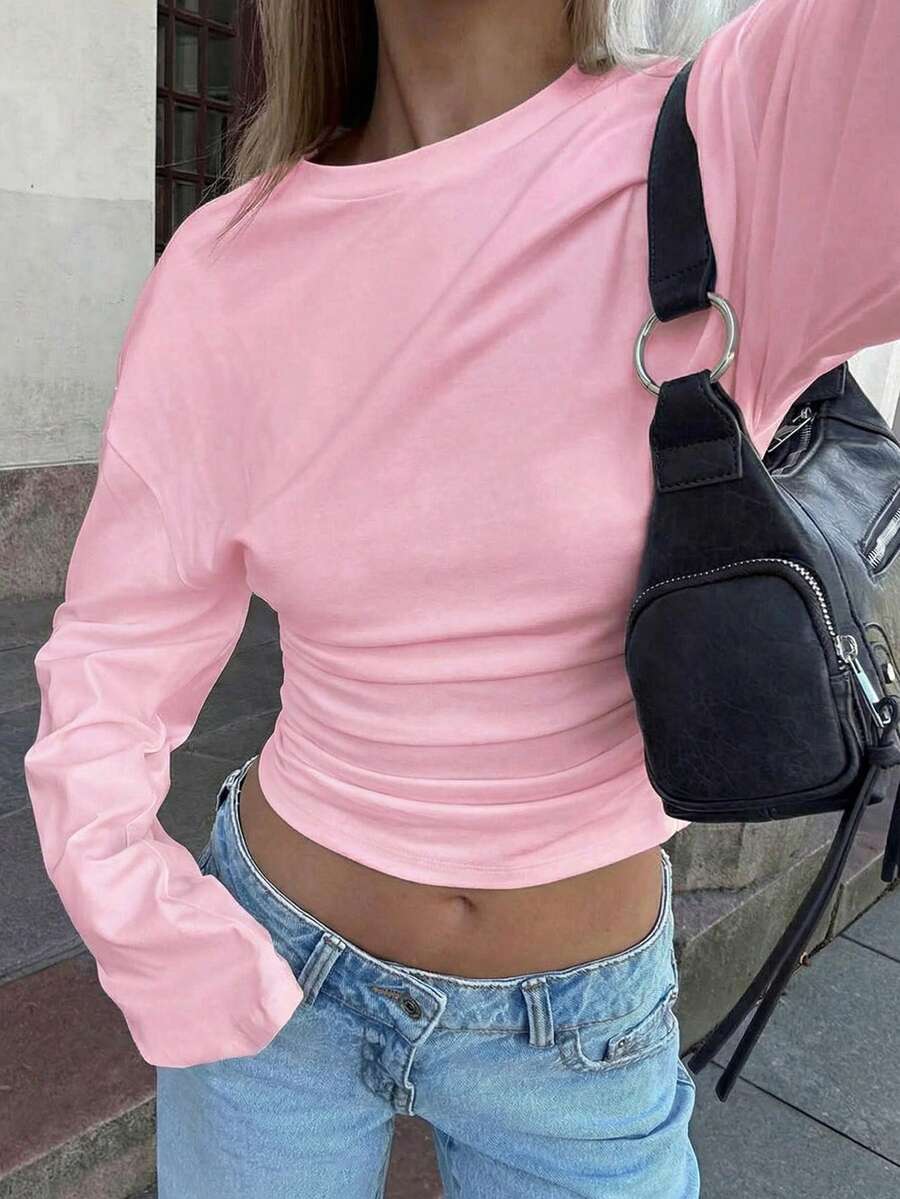 Nueva blusa elegante de manga larga con cuello redondo y volantes de unicolor, adecuada para vacaciones, citas, escuela, viajes y uso diario en primavera - Rosa Pálido - Ver 1