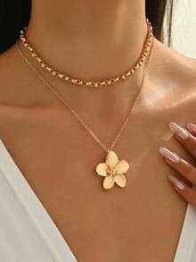 2pcs/Set Summer Elegant Gold Metal Flower Pendant Necklace, Minimalist Handmade Chain Necklace Suitable For Women's Daily Wear, Beach, Travel, Date, Music Festival. Handmade Chain Can Be Cut To Desired Length - Multicolor - View 1
