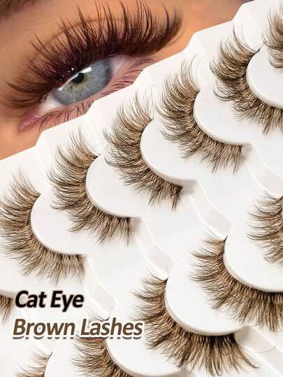 Asiteo 7对棕色漫画风猫眼假睫毛，自然逼真，透明杆棕色整条假睫毛，适合卡通风格眼妆，可重复使用，送礼佳品。