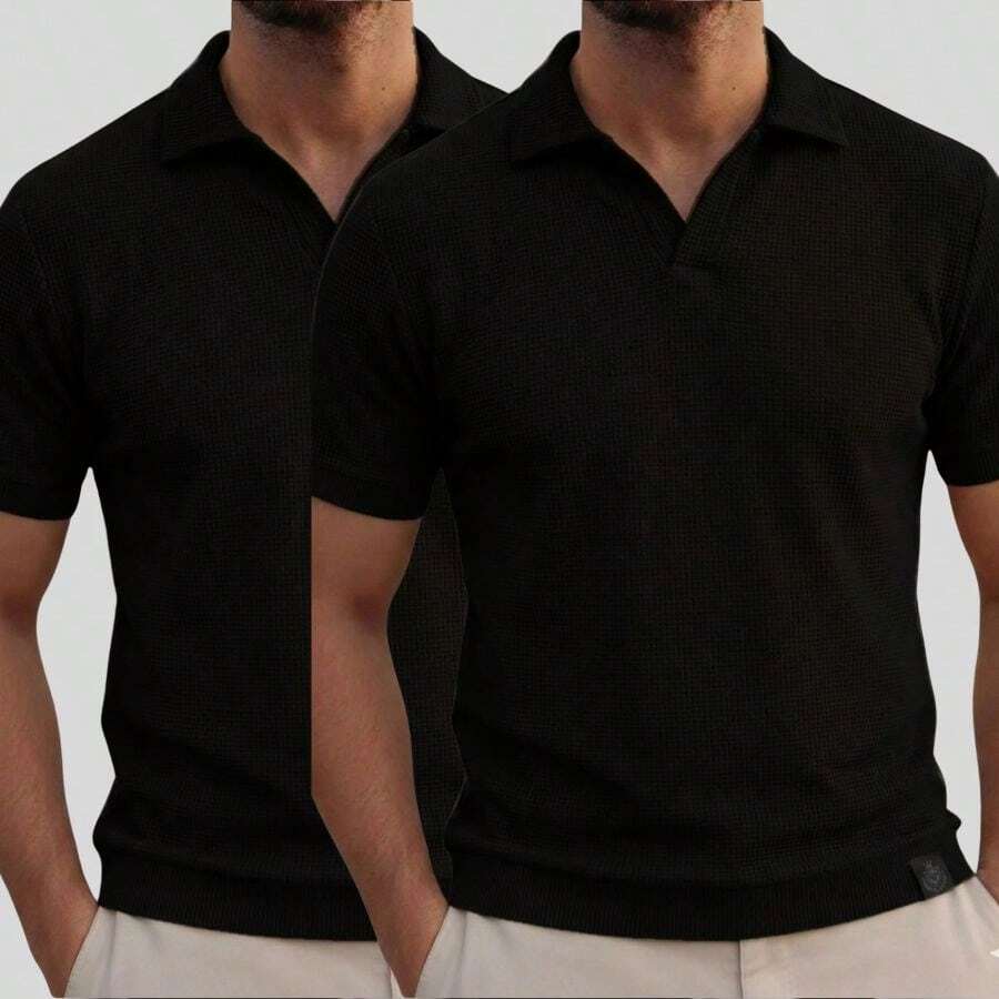 Kit Of 2 Italian Textured Polo Shirts Without Buttons, Slim Sleeves. - Black and Black - View 1