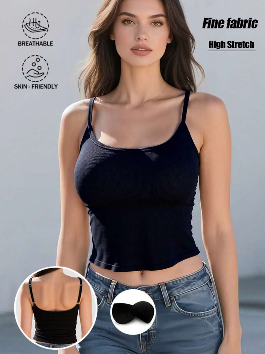 女士性感黑色吊带背心，简约性感美人鱼黑色带垫吊带背心，可内搭/外穿，华丽露背带垫吊带背心，修身休闲无袖打底衫