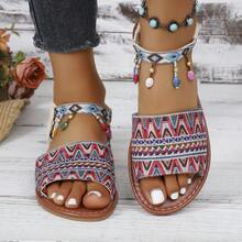 Giày sandal đế bằng kiểu La Mã Bohemian đính đá lấp lánh, thích hợp phối cùng chân váy, phù hợp cho mùa hè. - Đỏ - Xem 15
