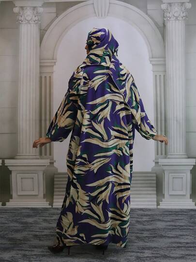 Women's Floral Print Hooded Robe, Woven Fabric, Zipper Closure, Arabic Prayer Robe, Casual Loose Fit Long Robe, Suitable For All Seasons