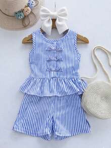 Children's Striped Set: Peplum Top With Bows + Striped Shorts - Blue - View 6