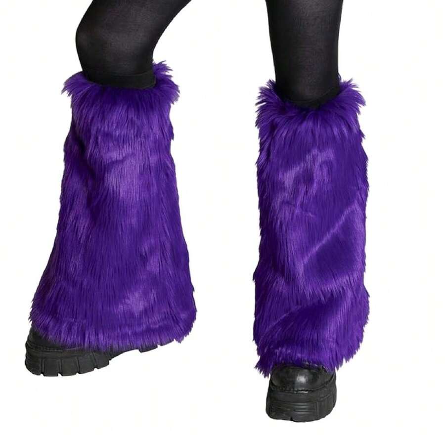 Women Faux Fur Leg Warmers Furry Harajuku Japanese Socks Fuzzy Long Boot Cuffs Covers Holiday Party Costume Accessory - 深紫色 - 查看 1