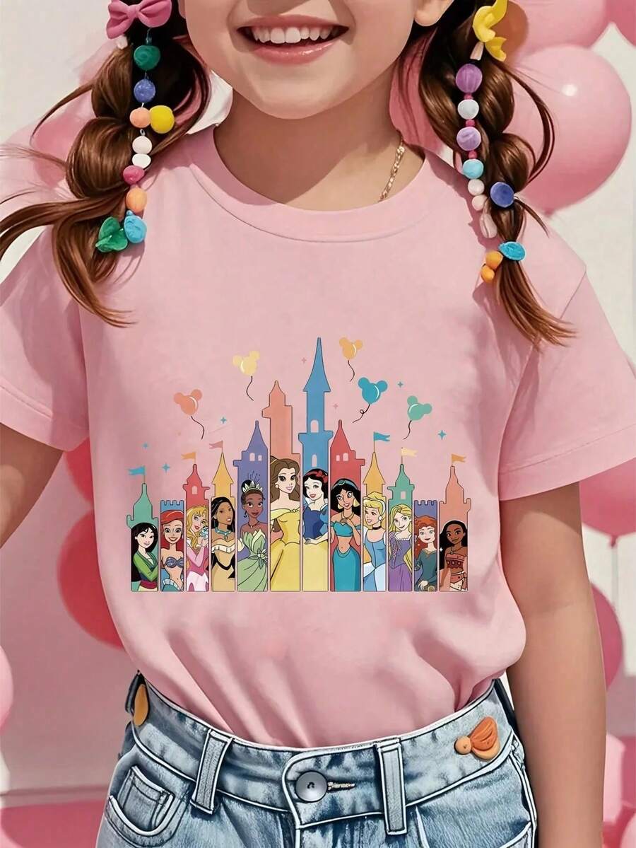 Disney Mickey Mouse Balloons Popcorn Ice Cream Cookie Drink Magical Print Printed Pattern T-Shirts For Girls - Children's Clothing Design Short-Sleeved Casual And Cute Style Comfortable And - Hồng - Xem 1