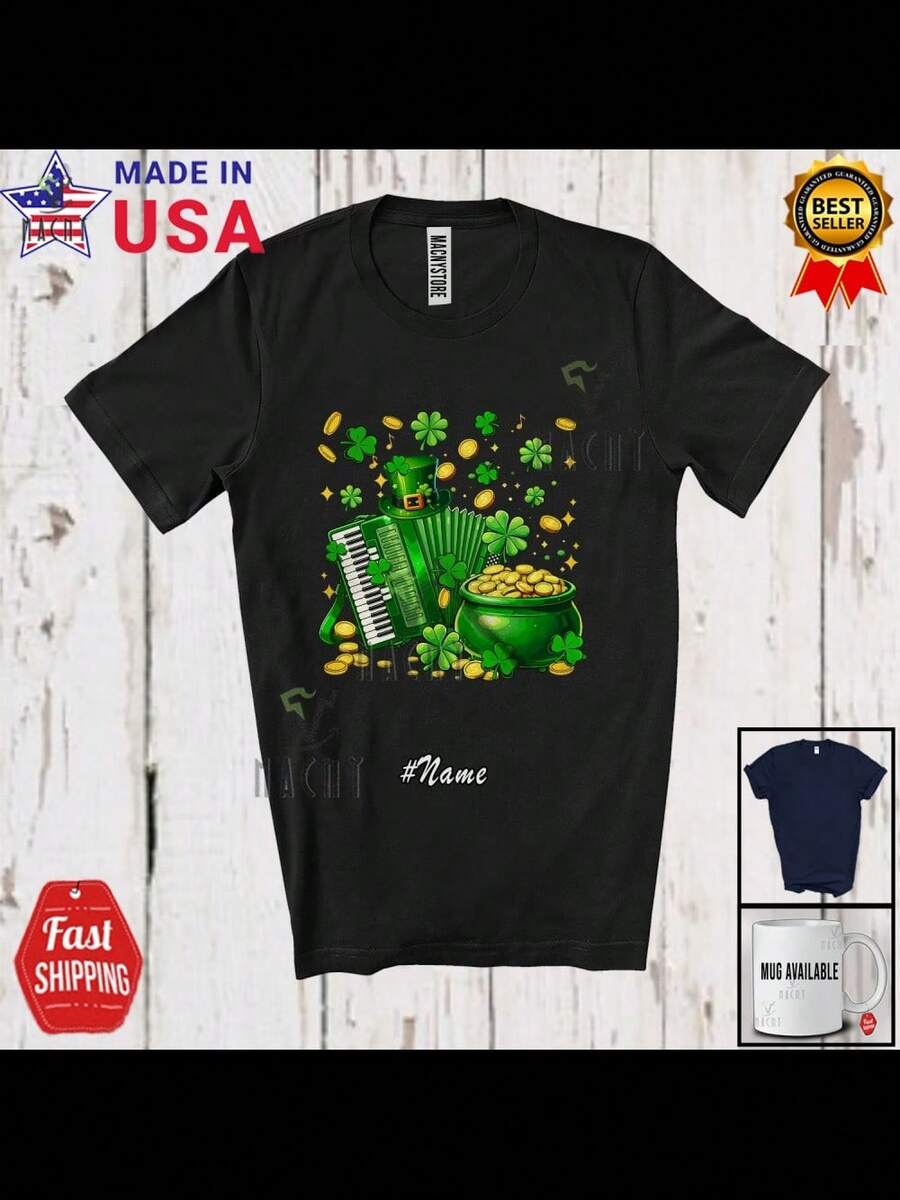 Name Shamrock Accordion Player; St Patrick's Day Musical Instrument Shirt - Black - View 1