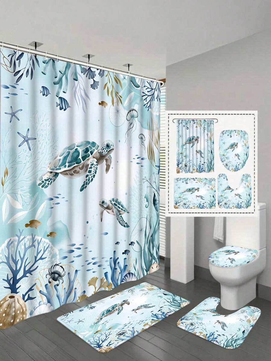 Set Tirai Mandi Motif Penyu Laut 1/4 buah, Dekorasi Kamar Mandi Gaya Pantai Laut Biru & Hijau, Tirai Mandi Poliester Tahan Air Ukuran 70,8*70,8 Inci dengan 12 Pengait