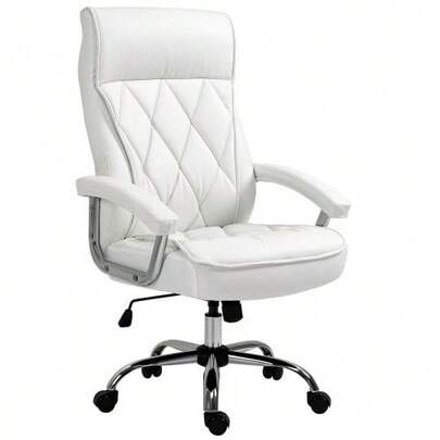 Ergonomic Office Chair In Faux Leather, Swivel And Rocker, Height Adjustable, White.