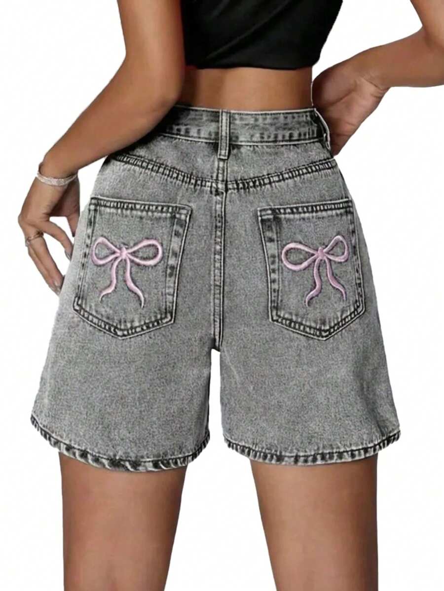 Quần short denim thêu hình bướm phong cách thường ngày dành cho nữ tuổi teen - Xám - Xem 1