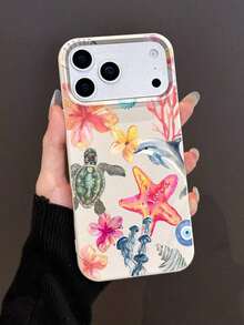 1pc  Ocean Elements Starfish, Sea Turtle, Jellyfish, Hibiscus, Coral, Dolphin Pattern Anti-Slip Transparent Airbag Phone Case Suitable For IPhone 11/12/13/14/15/16 Pro Max Accsesories - 多色 4 - 查看 2