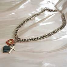 Must-Have For Hot Girls! Heart Lock Cuban Chain Necklace, Sweet Cool Punk Style Clavicle Chain - Silver - View 4