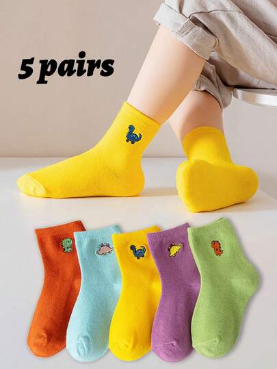 5 Pairs Candy Color Embroidered Dinosaur Kids Socks, Cartoon School Socks Fashion Versatile For Boys And Girls Mid-Calf Socks