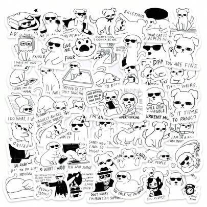 50pcs Minimalist Dog Meme Stickers - Waterproof Vinyl Decals With Funny Black & White Canine Designs For Laptop, Water Bottle, Luggage & Journal, Perfect For Dog Lovers To Add A Humorous, Stylish Touch To Personal Items And Share A Laugh With Friends, Ideal For Minimalist Aesthetic Enthusiasts