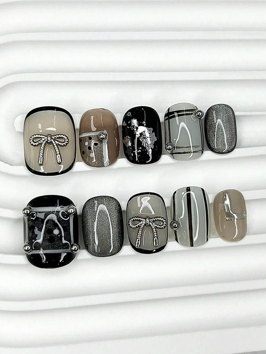 10片甜美性感少女短款手工按压式美甲，银色蝴蝶结艺术假指甲，可卸可重复使用美甲用品（1张果冻贴纸+1个指甲锉） - 彩色 - 查看 1