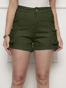 ONLYONE - Elegant Women's Cargo Pocket Shorts Made Of Twill Fabric, High Waist - Comfortable And Stylish Shorts For Carnival And Summer - 軍綠色 - 查看 5