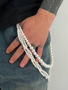 复古风3D圆形几何仿珍珠串珠多层裤链，哥特朋克高端质感，休闲简约，完美适用于街拍、摇滚嘻哈、派对、日常佩戴、情侣装，也是时尚男士项链的理想礼物。 - 褲鏈 - 查看 2