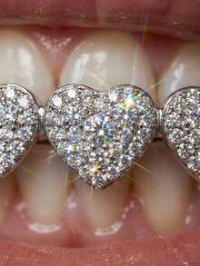 2026 New Collection Of Fine Jewelry2pcs/Set Hip-Hop Hollow Out Heart Stick Diamond Double Tooth Set, Daily Street Fashion Cool Smooth Gold Teeth - Bạc - Xem 5