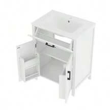 Freestanding Bathroom Vanity Unit 60 X 46 X 84.8 Cm With Integrated Sink, Lacquered Finish, Double-Door Shelves, Practical Drawers, Adjustable Shelves, Integrated Ceramic Sink, White - White - View 7