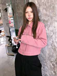 1件女款粉色牛仔夾克，秋季短款休閒寬鬆外套上衣 - 粉色 - 查看 2