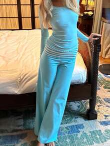 Women Low Waist Loose Fit Striped Folds Over Wide Leg Pants Lounge Home Sweatpants - Màu xanh lam - Xem 1