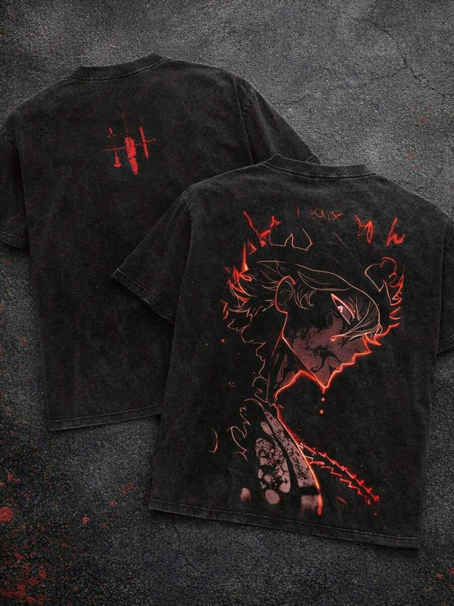 Black Clover Asta Evil Form Retro T-Shirt, Anime Print T-Shirt, Acid Washed Cotton Streetwear, Boy's Merchandise, Perfect Gift For Anime Lovers - màu đen - Xem 1