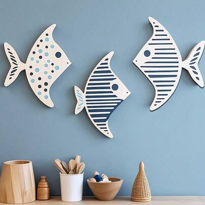 2D Plane, 1 Set, Wooden Fish-Shaped Sign, Ocean Style, Wall Decoration, Suitable For Decoration In Gardens, Bathrooms, Beaches And Aquariums, As Well As Signs And Logos