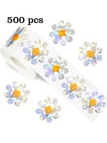 500张/卷 全息激光雏菊涂鸦贴纸，大号3.8厘米/1.5英寸不对称卡通花朵封条标签，适用于信封、杂志、手机壳、水杯、电脑、头盔、剪贴簿、派对礼品、PVC贴纸 - 500貼 鐳射雛菊貼紙 - 查看 6