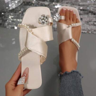 女士法式珍珠拖鞋，夏季户外时尚人字拖，厚底凉鞋，尽显优雅气质