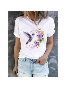 Women's Casual Short Sleeve T-Shirt with Vibrant Hummingbird &amp; Floral Print - Soft Fabric, Relaxed Fit Round Neck Top, 180gsm Breathable for Spring Summer &amp; all-Season Wear, Texture - Blanc - Voir 1