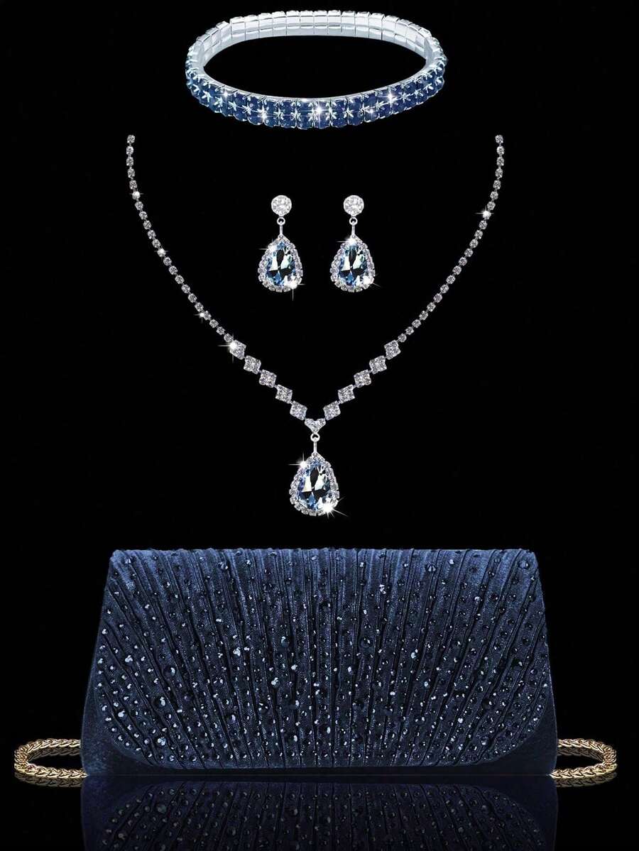 Sparkling Rhinestone Flap Evening Bag, Elegant Pleated Clutch Purse For Party, Comes With 3 Pieces Rhinestone Jewelry Set - Pendant Necklace, Earrings, Bracelet, Suitable For Party, Gala, Gathering, Ball, Wedding And Other Occasions - 藏蓝色 - 查看 1