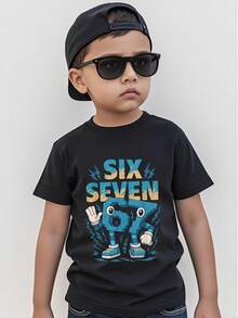 Young Boy Casual Cartoon Letter Print Short Sleeve T-Shirt, Summer - Black - View 1