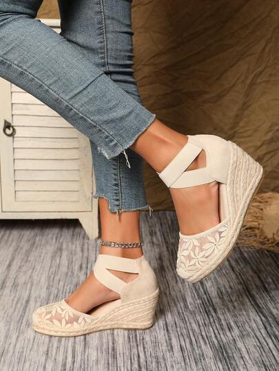 Women's Criss-Cross Elastic Mesh Floral Velvet Rope Casual Wedge Shoes
