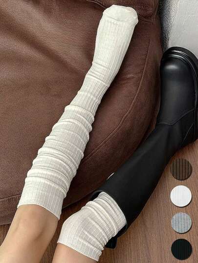 1双竖条纹过膝长袜，双针针织，可搭配靴子，凸显腿部长度，JK风格，适合日常穿着，Y2K时尚，舒适保暖