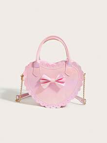 女孩时尚公主蝴蝶结爱心手提包/单肩包，适合日常、派对、外出、生日礼物 - 粉色 - 查看 9