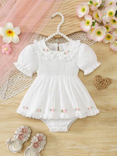 1pc Baby Girls' Summer New Floral Embroidery Ruffle Collar Front Snap Romper