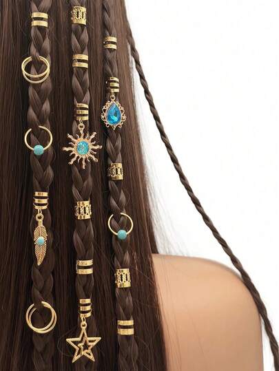 这款46件套绿松石吊坠脏辫发饰套装包含发圈、发饰、发夹、发卡和发卡。它采用嬉皮风格，适合女孩的编发造型。另有其他配件，例如爪夹、发卡和发卡可供选择。这是一款情人节发饰。